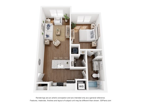 A 3D floor plan of a small apartment with a kitchen, living room, and bedrooms.